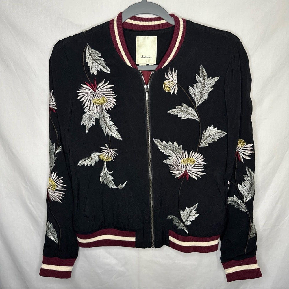 Elevenses Black Bomber Jacket with Floral Embroidery